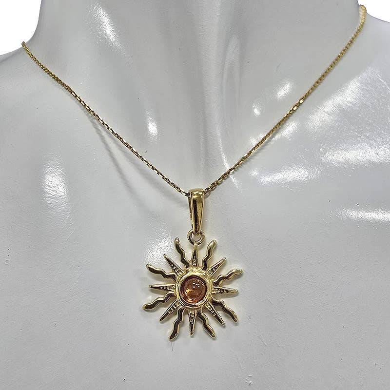 Cognac Amber 14K Gold Plated Silver Sun Pendant