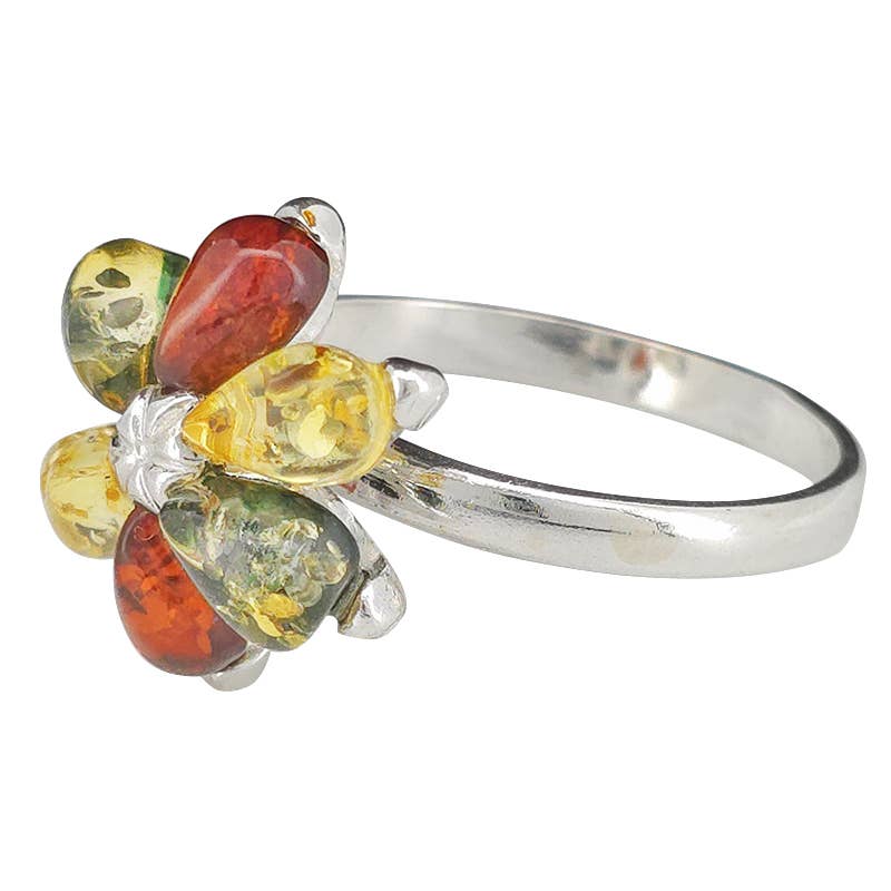 Multi Color Amber Silver Flower Ring: 8