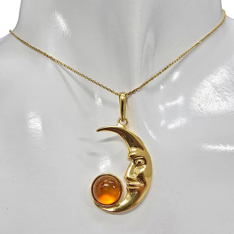 RESERVED Amber Gold Plated Silver Moon Pendant