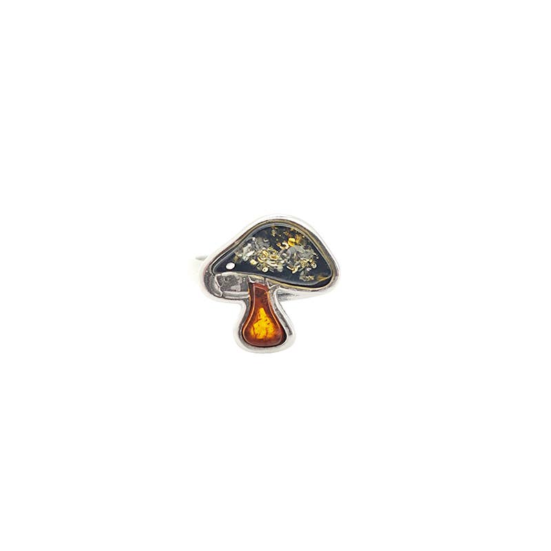 Mushroom Multicolor Amber Silver Adjustable Ring
