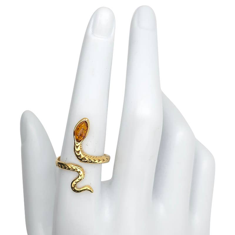 Cognac Amber Gold Plated Silver Snake Adjustable Ring