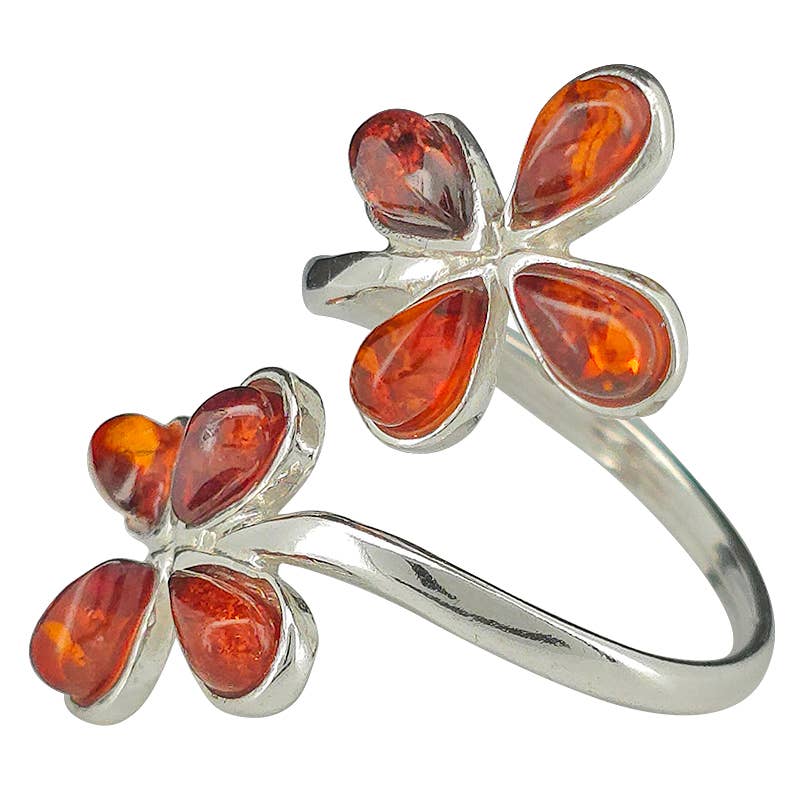 Amber Sterling Silver Flower Adjustable Ring