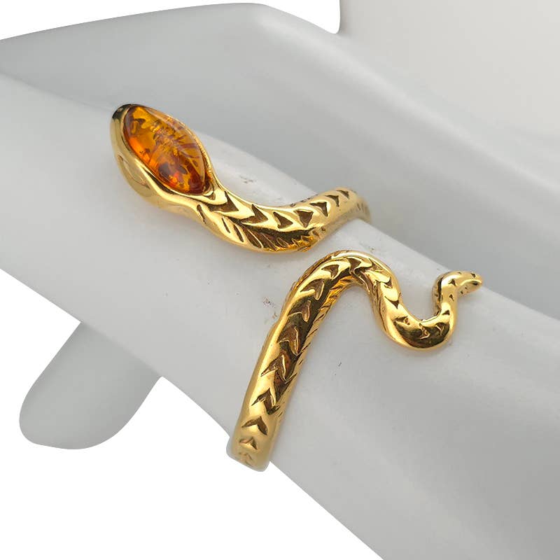Cognac Amber Gold Plated Silver Snake Adjustable Ring