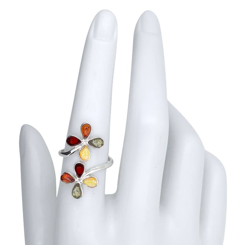 Multi-Color Amber Sterling Silver Flower Adjustable Ring