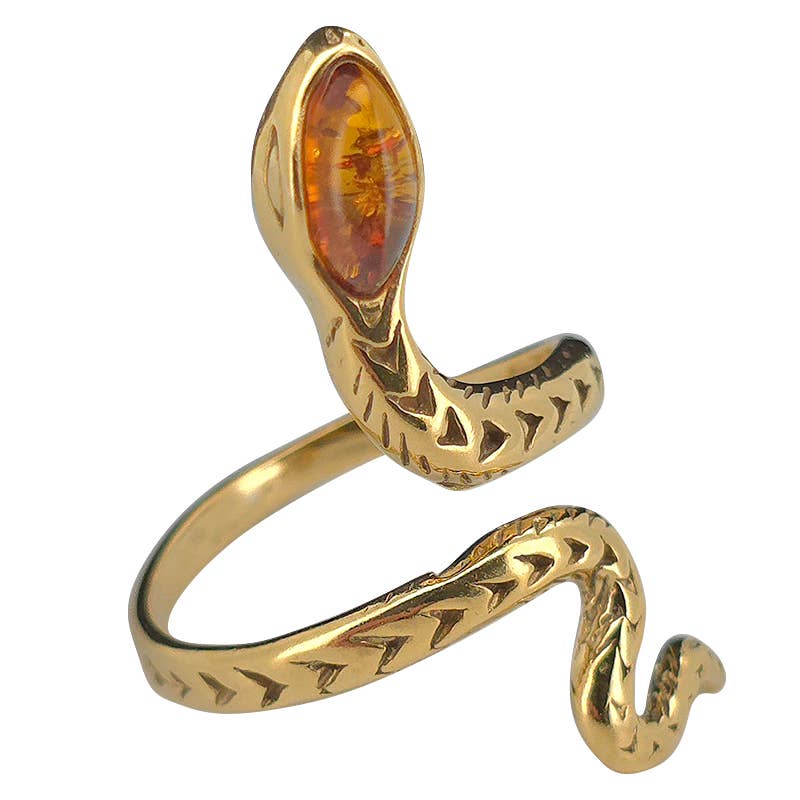 Cognac Amber Gold Plated Silver Snake Adjustable Ring