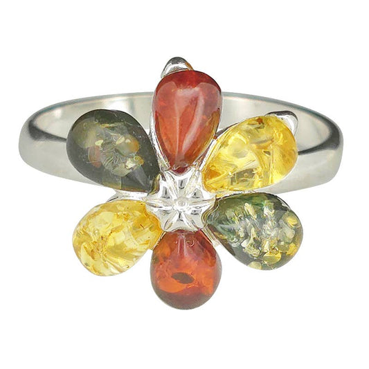 Multi Color Amber Silver Flower Ring: 8