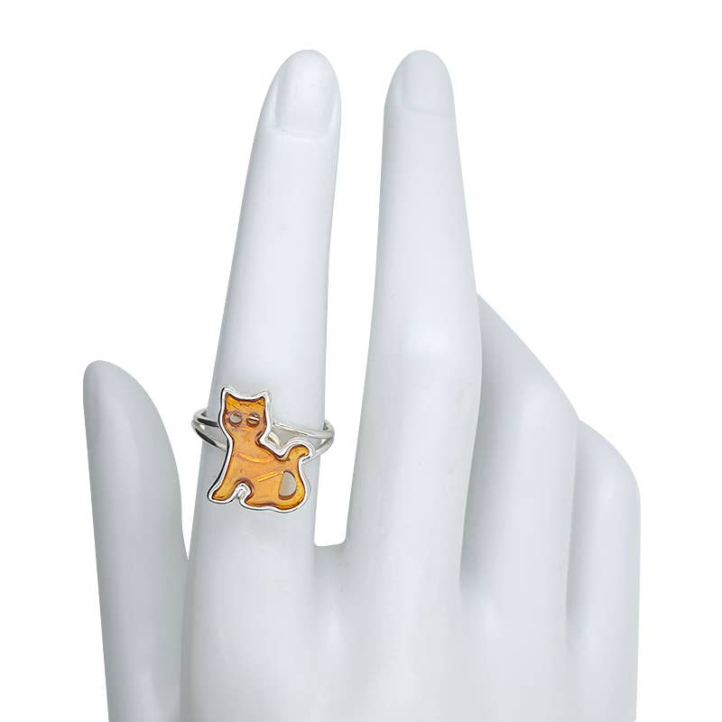 Cat Amber Sterling Silver Adjustable Ring