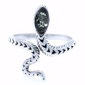 Snake Green Amber Sterling Silver Adjustable Ring