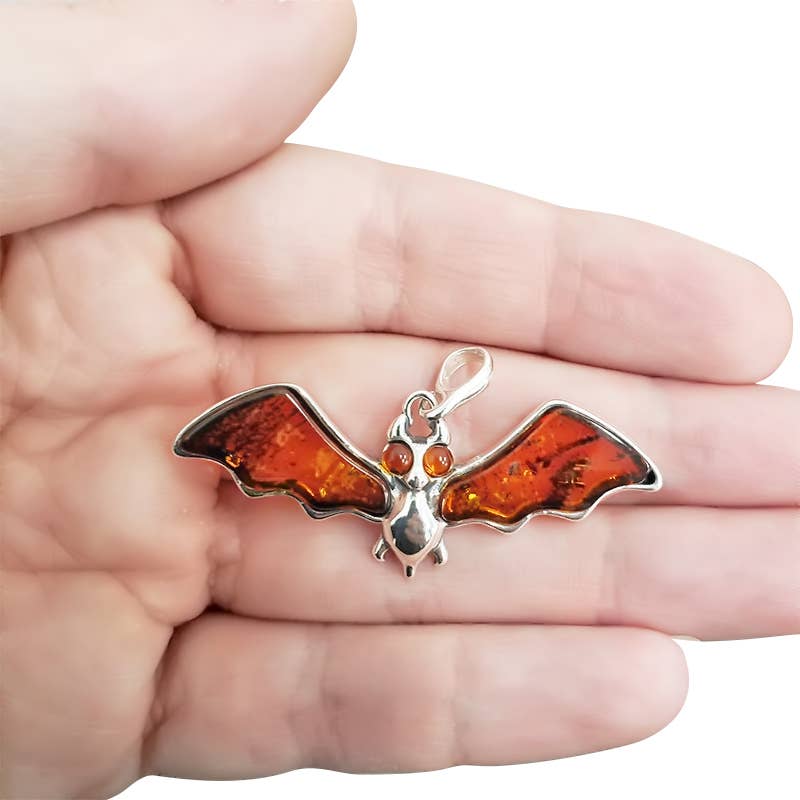 Bat Cognac Amber Sterling Silver Pendant
