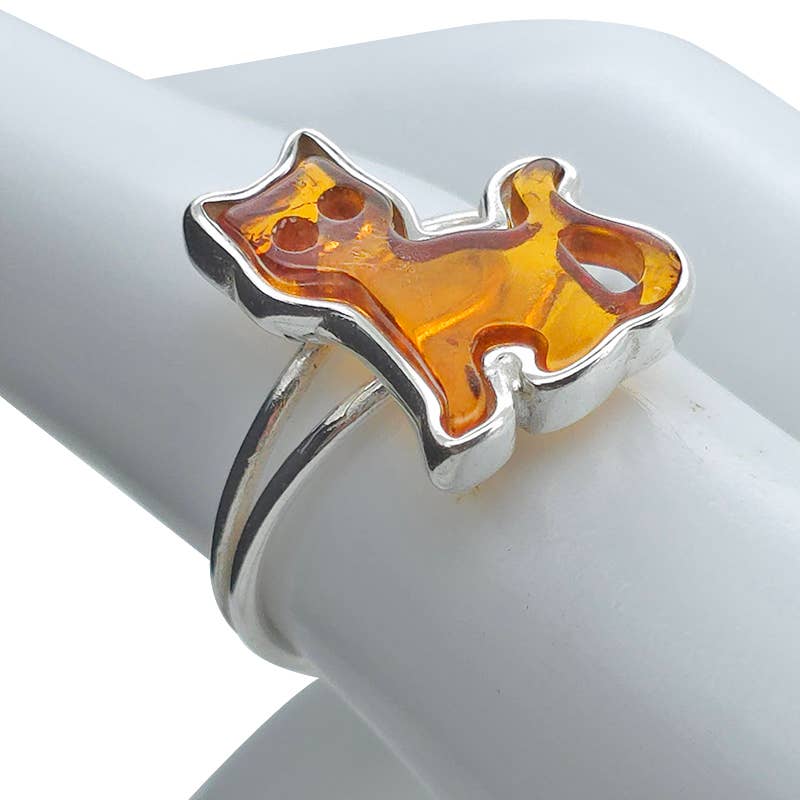 Cat Amber Sterling Silver Adjustable Ring