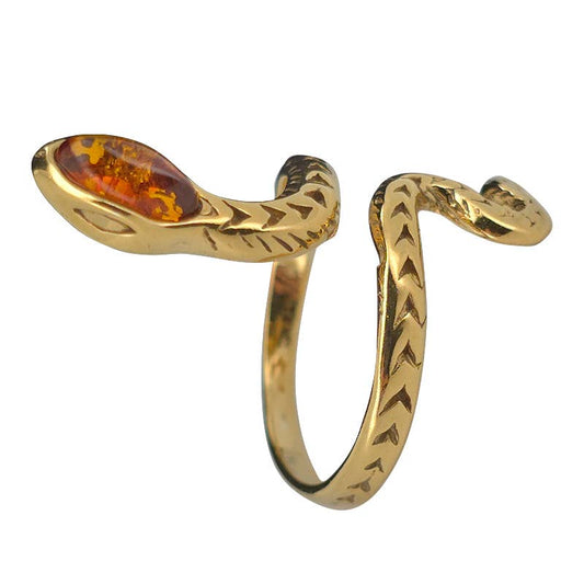 Cognac Amber Gold Plated Silver Snake Adjustable Ring