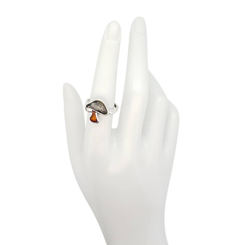 Mushroom Multicolor Amber Silver Adjustable Ring