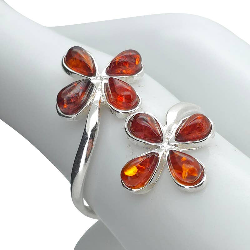 Amber Sterling Silver Flower Adjustable Ring
