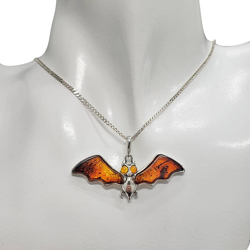 Bat Cognac Amber Sterling Silver Pendant