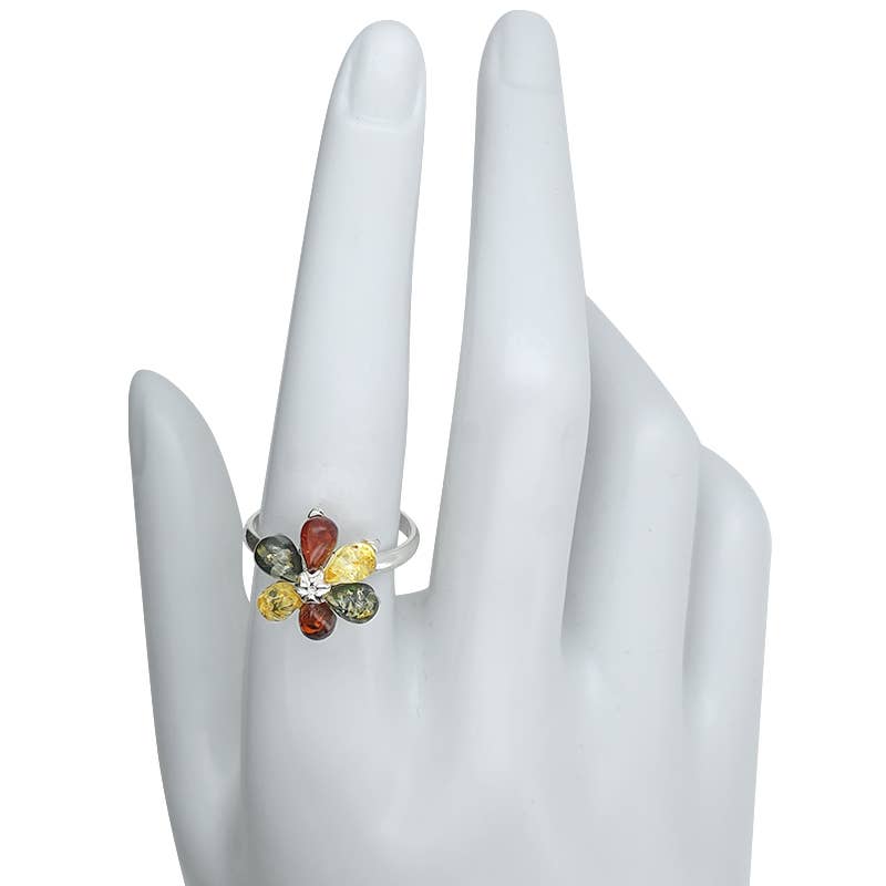 Multi Color Amber Silver Flower Ring: 8