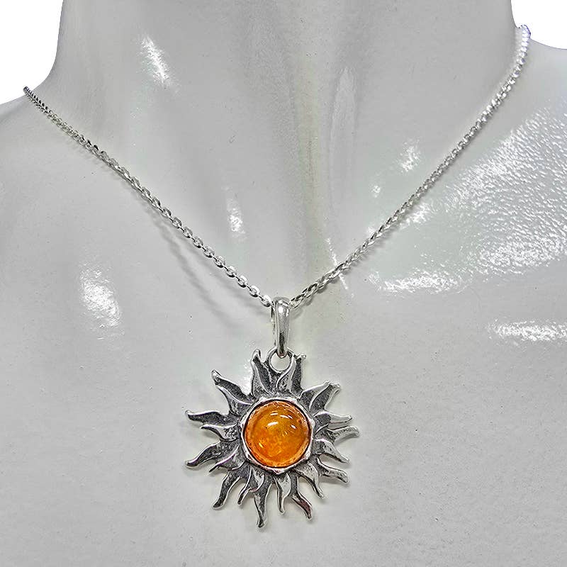 Cognac Amber Sterling Silver Sun Pendant