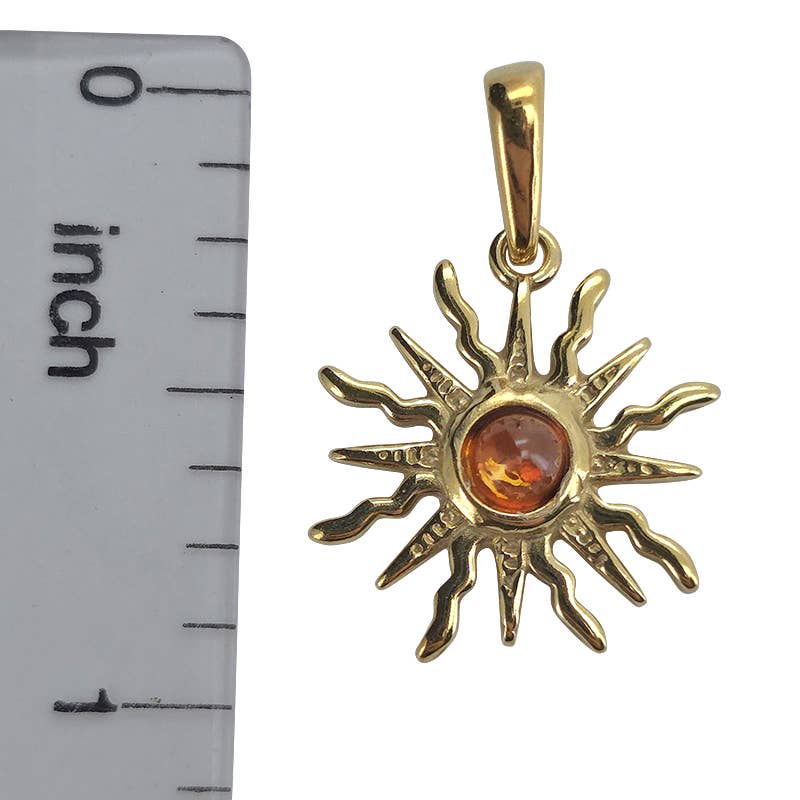 Cognac Amber 14K Gold Plated Silver Sun Pendant