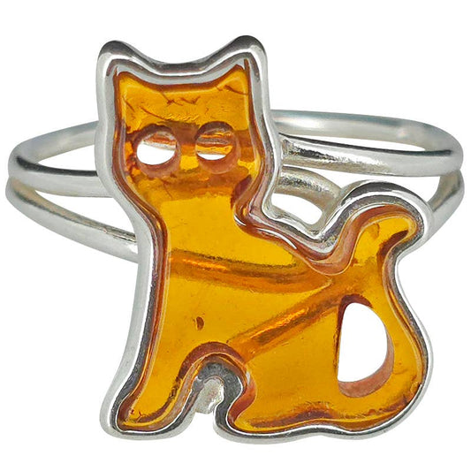 Cat Amber Sterling Silver Adjustable Ring