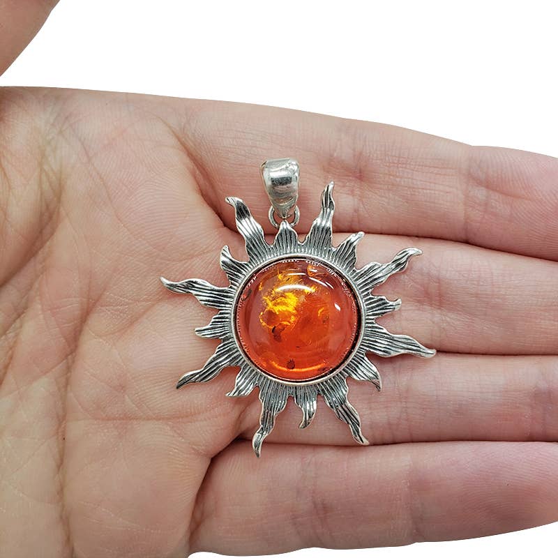 Sun Cognac Amber Silver Pendant