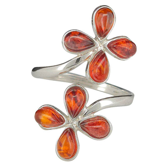 Amber Sterling Silver Flower Adjustable Ring
