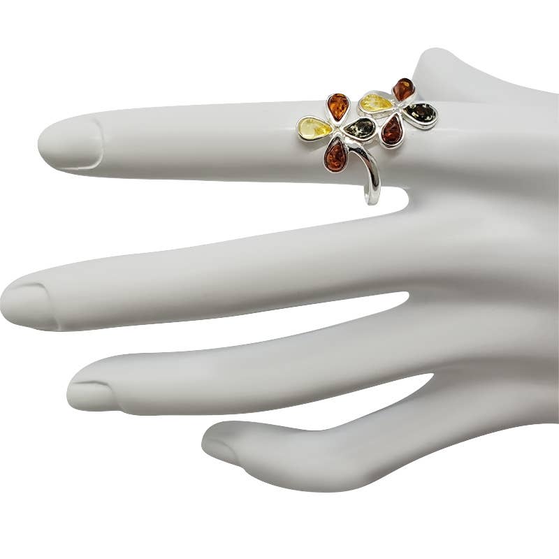 Multi-Color Amber Sterling Silver Flower Adjustable Ring