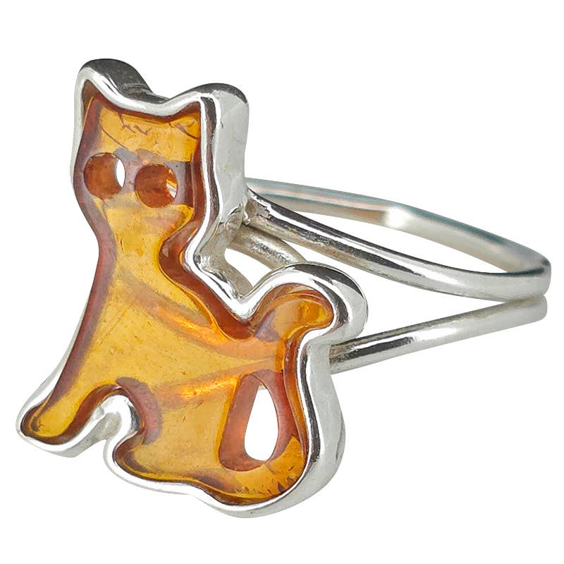 Cat Amber Sterling Silver Adjustable Ring