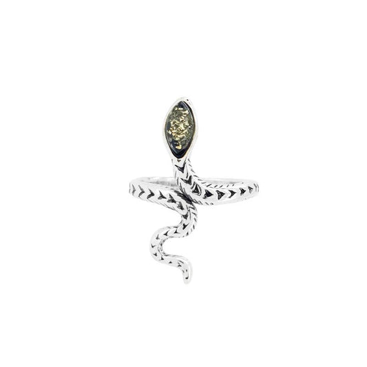 Snake Green Amber Sterling Silver Adjustable Ring