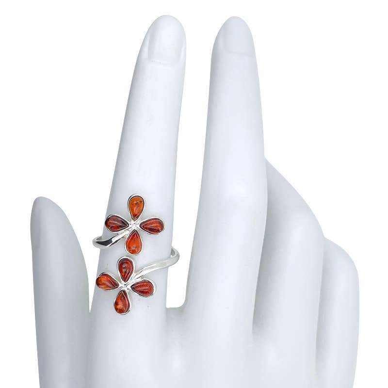 Amber Sterling Silver Flower Adjustable Ring