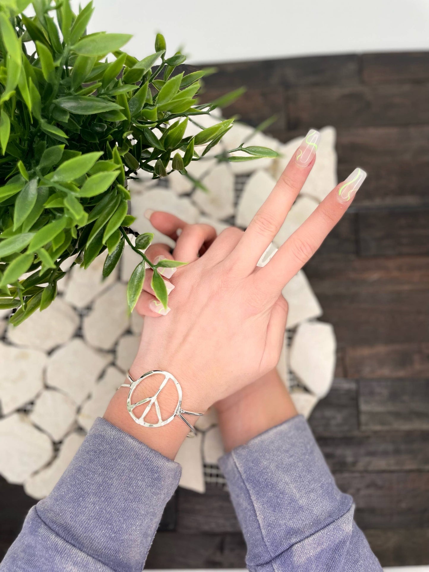 Silver Plated Adjustable Cuff Bracelet - Peace Sign