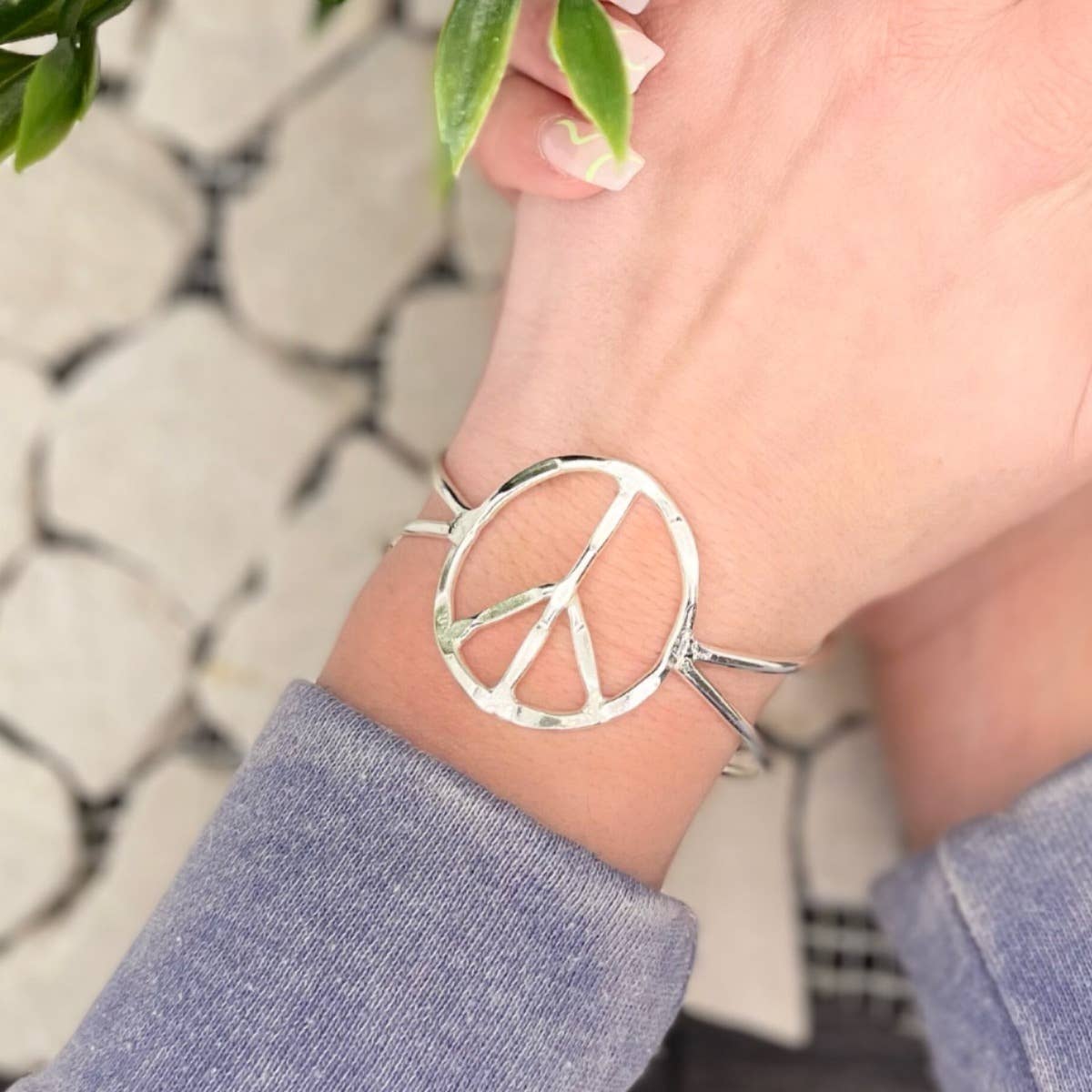Silver Plated Adjustable Cuff Bracelet - Peace Sign