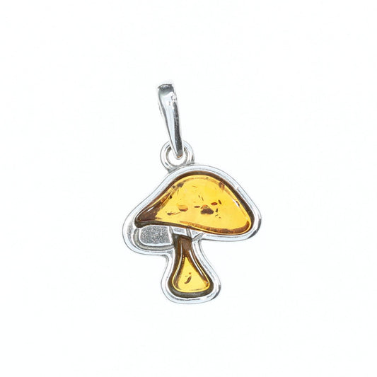 Cognac Amber Sterling Silver Mushroom Pendant