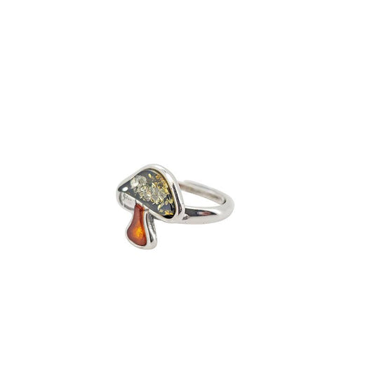 Mushroom Multicolor Amber Silver Adjustable Ring