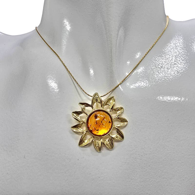 Cognac Amber Gold-Plated Silver Sun Pendant