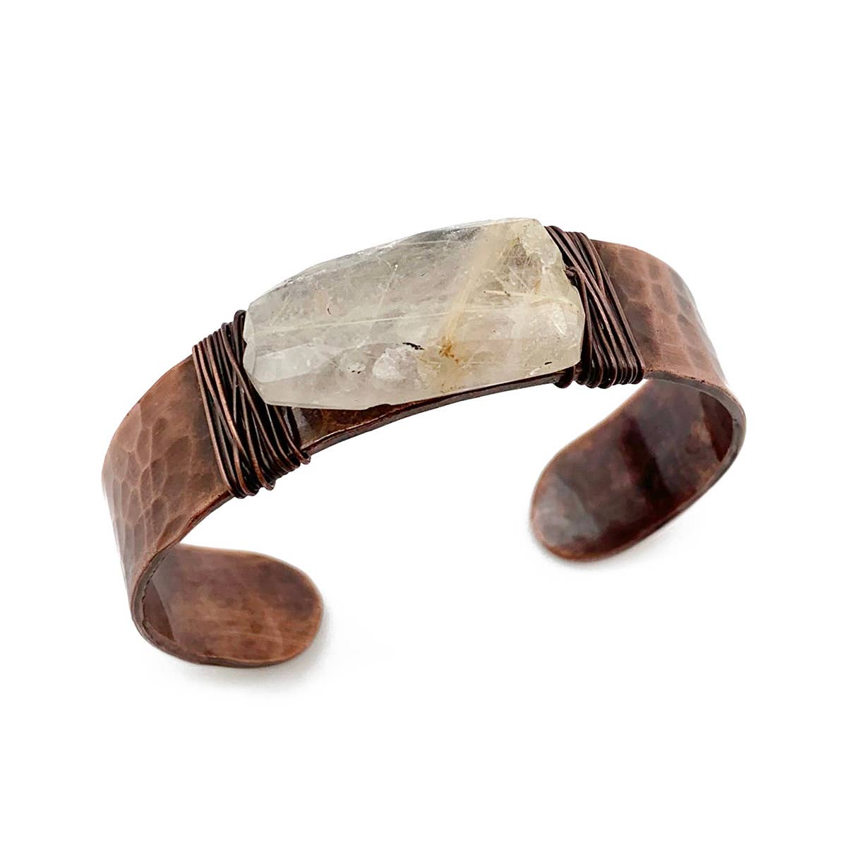 Handmade Antique Brass Hammered Cuff Stone - Golden Rutile