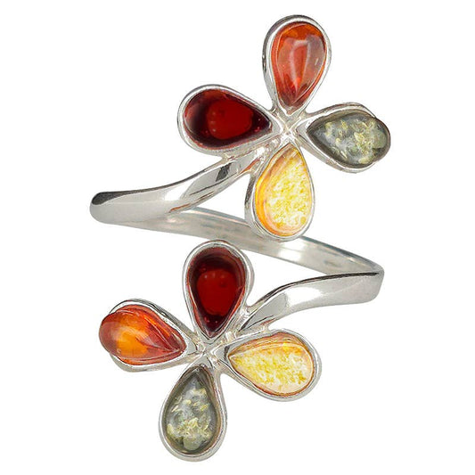 Multi-Color Amber Sterling Silver Flower Adjustable Ring
