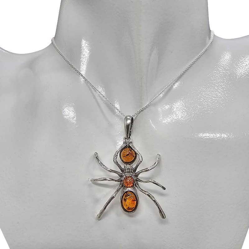 Cognac Amber Sterling Silver Spider Pendant