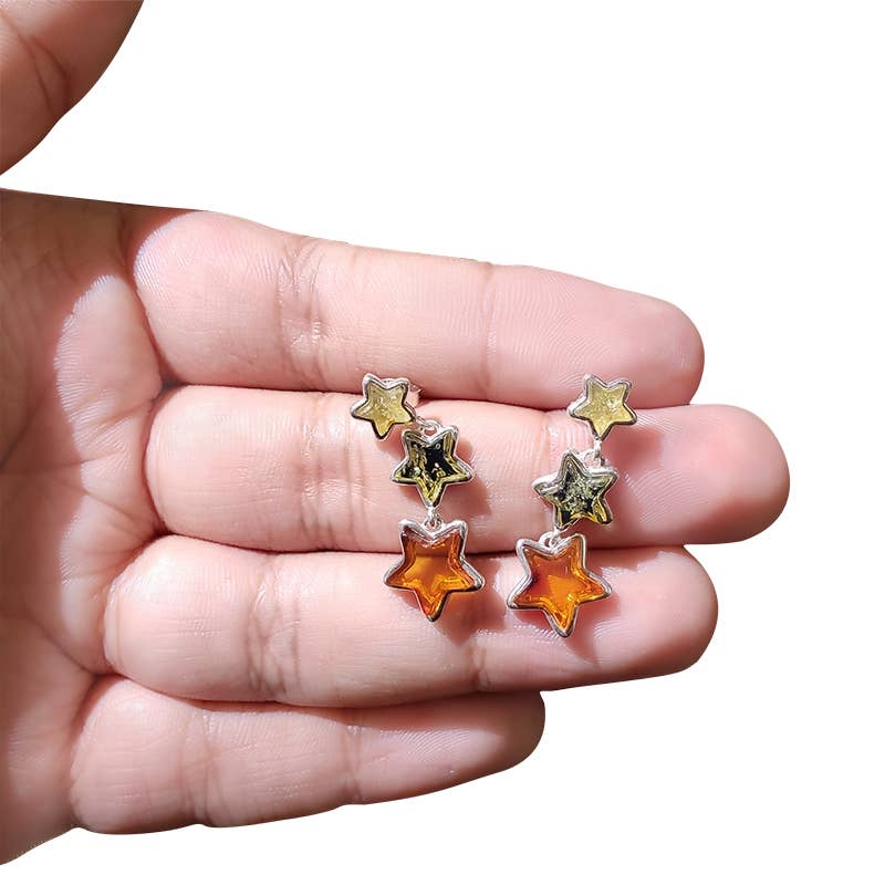 Amber Star Post Dangle Earrings & .925 Sterling Silver