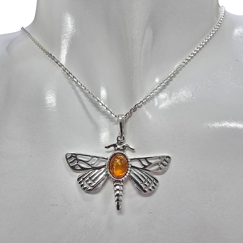 Amber Sterling Silver Dragonfly Pendant